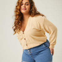 Curve Soft Button Down Cardigan Plus Size Outerwear Taupe 1XL -2020AVE