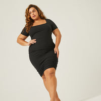 Curve Square Neck Ruched Dress Plus Size Dresses Black 1XL -2020AVE