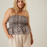 Curve Strapless Buttoned Floral Top Plus Size Tops Navy 1XL -2020AVE