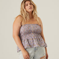 Curve Strapless Buttoned Floral Top Plus Size Tops Lavender 1XL -2020AVE