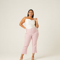 Curve Stretchy Plaid Pants Plus Size Bottoms Pink 1XL -2020AVE