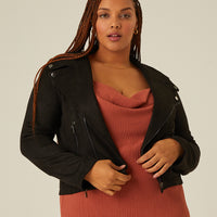 Curve Suede Moto Jacket Plus Size Outerwear Black 1XL -2020AVE