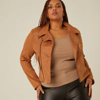 Curve Suede Moto Jacket Plus Size Outerwear Brown 1XL -2020AVE