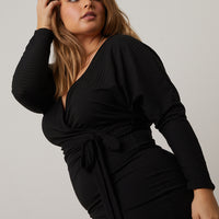 Curve Surplice Knit Dress Plus Size Dresses Black 1XL -2020AVE