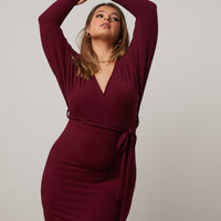 Curve Surplice Knit Dress Plus Size Dresses Burgundy 1XL -2020AVE