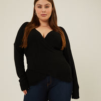 Curve Soft Ribbed Surplice Top Plus Size Tops Black 1XL -2020AVE