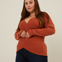 Curve Soft Ribbed Surplice Top Plus Size Tops Orange 1XL -2020AVE