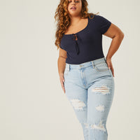 Curve Tie Detail Bodysuit Plus Size Tops Navy 1XL -2020AVE