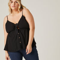 Curve Tie Front Button Top Plus Size Tops Black 1XL -2020AVE