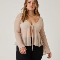 Curve Tie Front Sheer Top Plus Size Tops Taupe 1XL -2020AVE