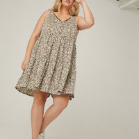 Curve Tiered Button Floral Dress Plus Size Dresses Olive 1XL -2020AVE
