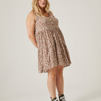 Curve Tiered Button Floral Dress Plus Size Dresses Brown 1XL -2020AVE