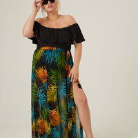 Curve Tropical Print Tie Skirt Plus Size Bottoms -2020AVE
