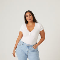 Curve V-Neck Button Tee Plus Size Tops -2020AVE