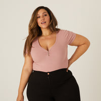 Curve V-Neck Button Tee Plus Size Tops -2020AVE