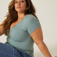 Curve V-Neck Button Tee Plus Size Tops -2020AVE