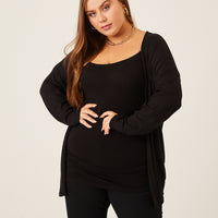 Curve Waffle Knit Cardigan Plus Size Outerwear Black 1XL -2020AVE