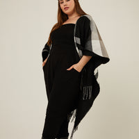Curve Warm Plaid Poncho Plus Size Outerwear Black Plus Size One Size -2020AVE