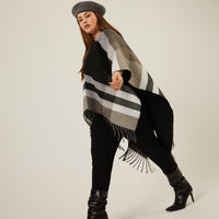 Curve Warm Plaid Poncho Plus Size Outerwear Black Plus Size One Size -2020AVE