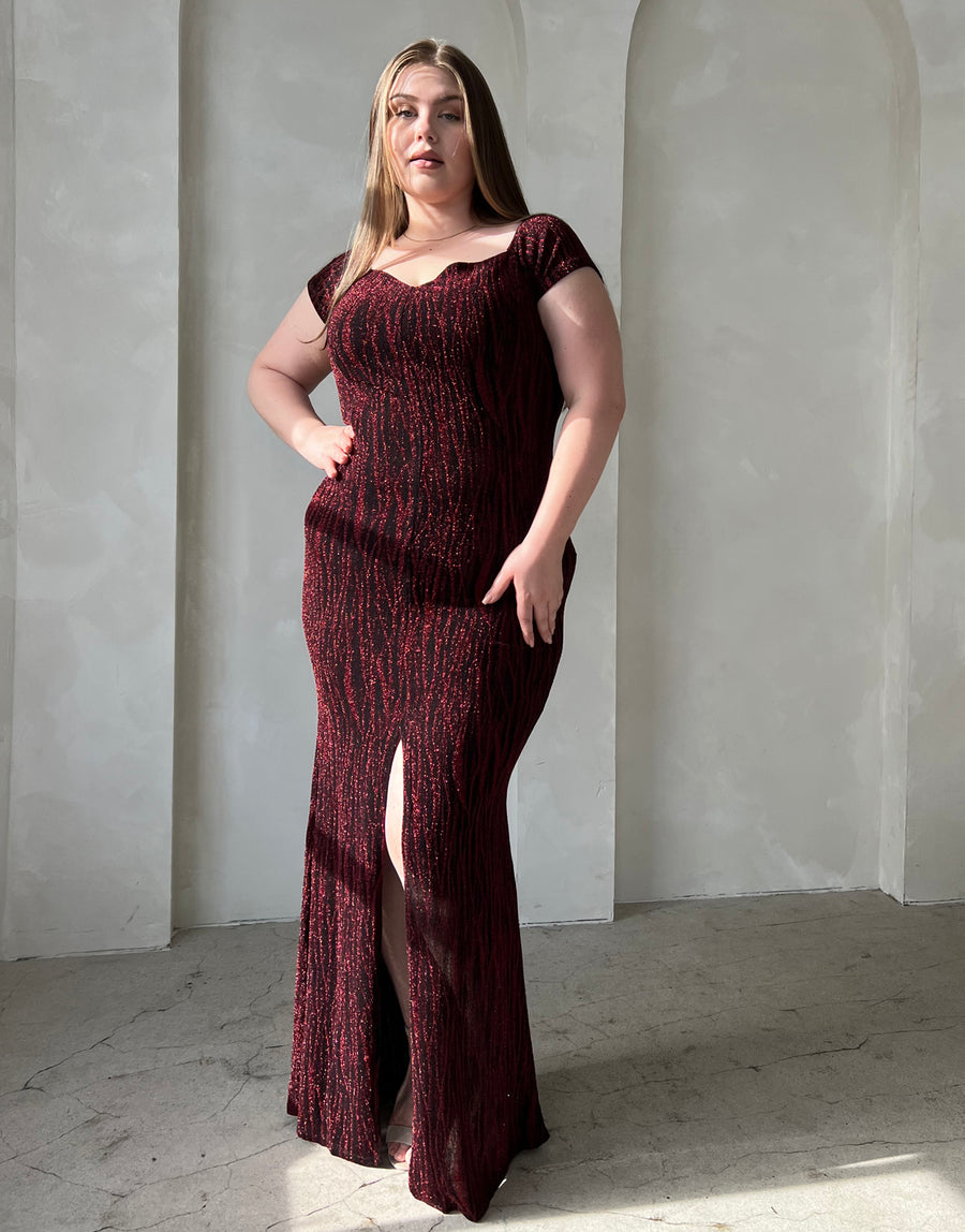Curve Wavy Metallic Maxi Dress Plus Size Dresses Burgundy 1XL -2020AVE
