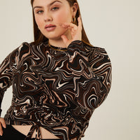 Curve Wavy Print Ruched Top Plus Size Tops -2020AVE