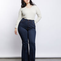 Curve 70s Girl Flared Jeans Plus Size Bottoms Dark Blue 1XL -2020AVE