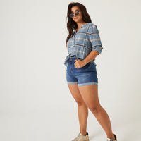 Curve Plaid Henley Top Plus Size Tops Blue 1XL -2020AVE