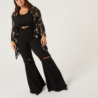 Curve Floral Sheer Cardigan Plus Size Outerwear Black 1XL -2020AVE