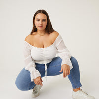 Curve Mesh Sleeve Ruched Top Plus Size Tops Off-White 1XL -2020AVE