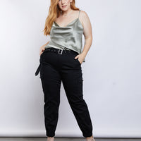Curve Belted Cargo Pants Plus Size Bottoms Black 1XL -2020AVE