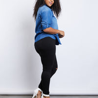 Curve Chambray Button Down Plus Size Tops -2020AVE