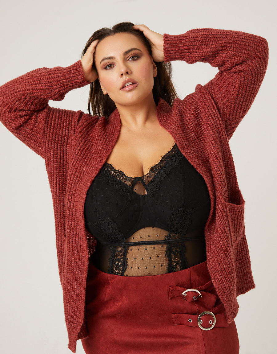 Curve Open Cardigan With Pockets Plus Size Outerwear Rust 1XL -2020AVE