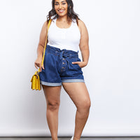 Curve Denim Paper Bag Shorts Plus Size Bottoms Dark Blue 1XL -2020AVE
