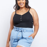 Curve Denim Paper Bag Shorts Plus Size Bottoms Light Blue 1XL -2020AVE