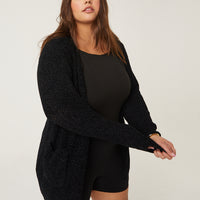 Curve Open Chenille Cardigan Plus Size Outerwear Black 1XL -2020AVE