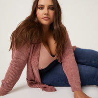 Curve Open Chenille Cardigan Plus Size Outerwear Mauve 1XL -2020AVE