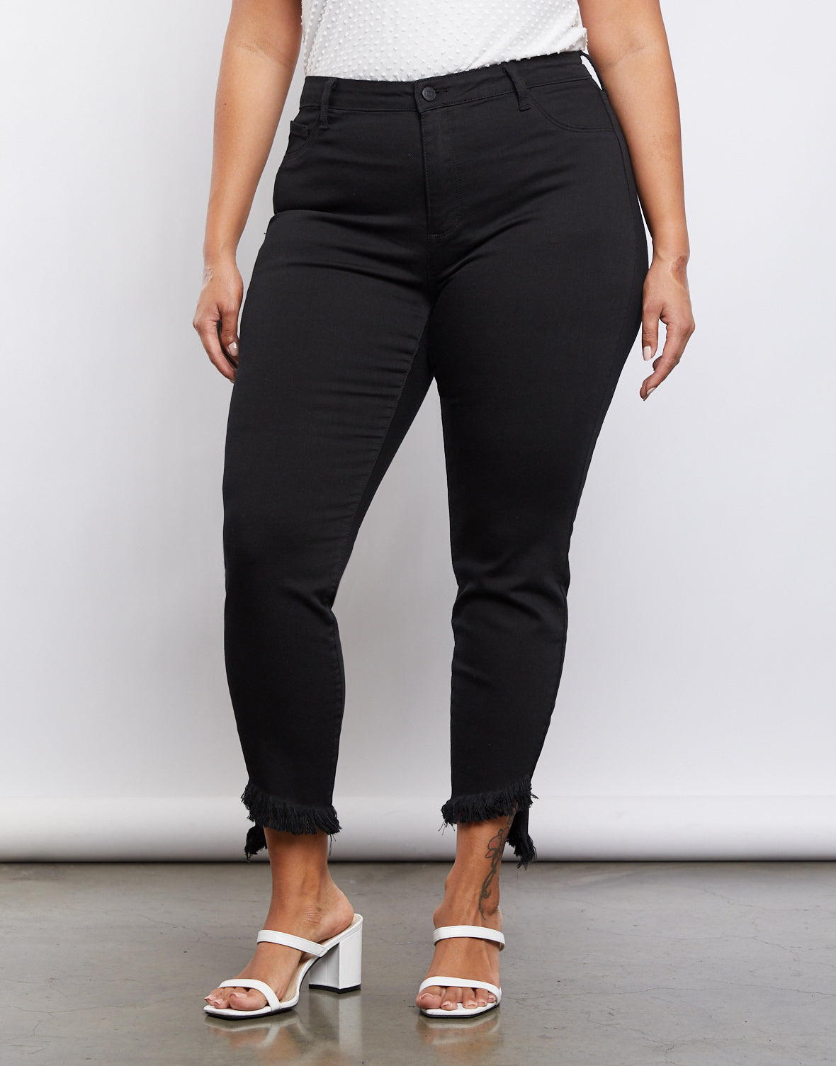 Button Front Frayed Ankle Skinny Jeans