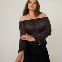 Curve Glittery Zip Up Top Plus Size Tops -2020AVE