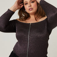 Curve Glittery Zip Up Top Plus Size Tops -2020AVE