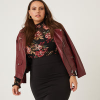 Curve Leather Biker Jacket Plus Size Outerwear Burgundy 1XL -2020AVE