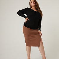 Curve Bodycon Skirt With Slit Plus Size Bottoms Brown 1XL -2020AVE