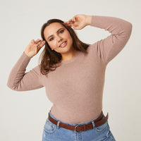 Curve Ribbed Long Sleeve Top Plus Size Tops Oatmeal 1XL -2020AVE