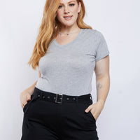 Curve Plain and Simple V-neck Tee Plus Size Tops Heather Gray 1XL -2020AVE