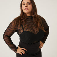 Curve Polka Dot Mesh Top Plus Size Tops Black 1XL -2020AVE