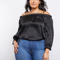 Curve Satin Ruffle Top Plus Size Tops Black 1XL -2020AVE