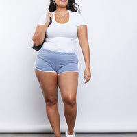 Curve Striped Sporty Shorts Plus Size Bottoms Light Blue 1XL -2020AVE