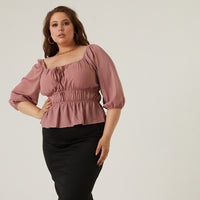 Curve Square Neck Gathered Top Plus Size Tops Mauve 1XL -2020AVE