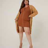 Curve Long Cable Knit Cardigan Plus Size Outerwear Beige 1XL -2020AVE