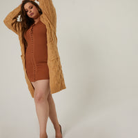 Curve Long Cable Knit Cardigan Plus Size Outerwear -2020AVE