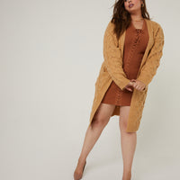Curve Long Cable Knit Cardigan Plus Size Outerwear -2020AVE